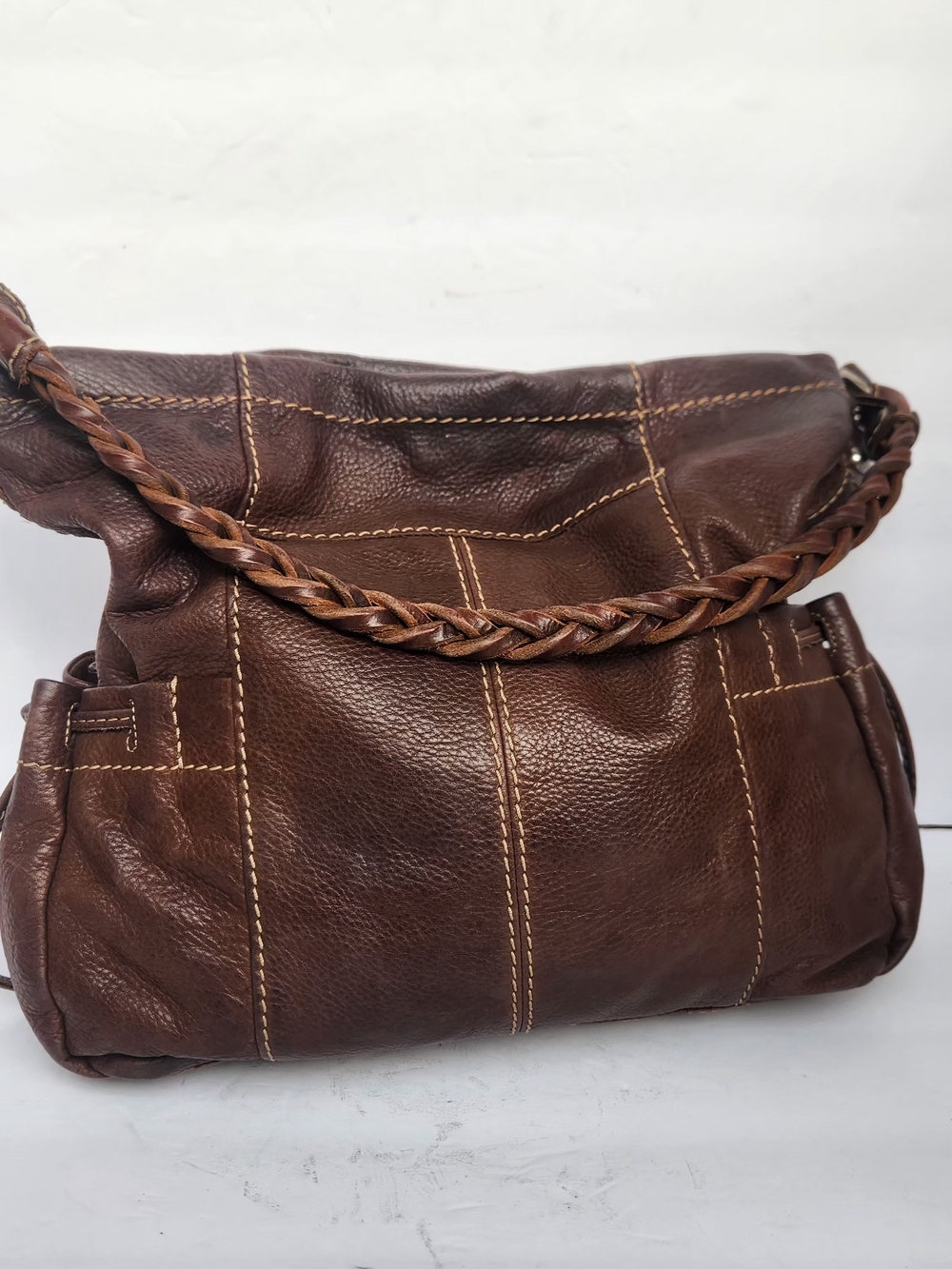 Vintage Fossil Brown Braided-Handle Leather Hobo